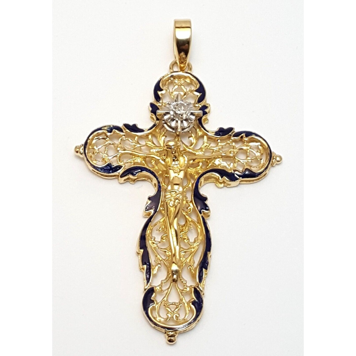 18K Solid Yellow Gold Religious Jesus Cross Diamond Enamel Charm Pendant