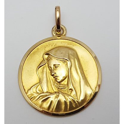 18K Solid Yellow Gold Religious Saint Mary Round Charm Pendant