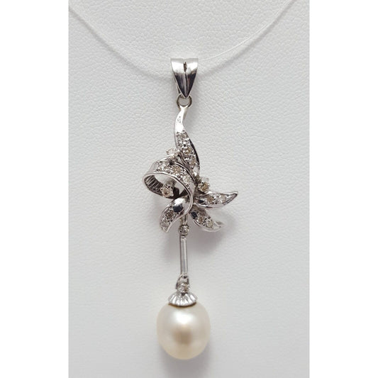 14K Solid White Gold Pearl & Diamond Drop Dangle Charm Pendant