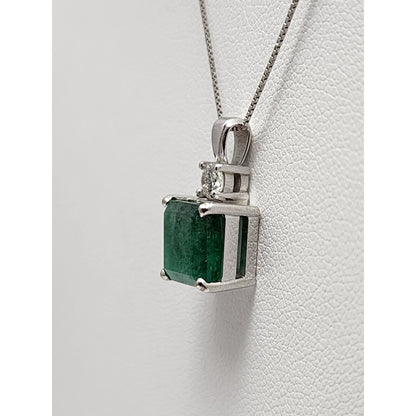 14K White Gold Emerald & Diamond Box Link Chain Necklace