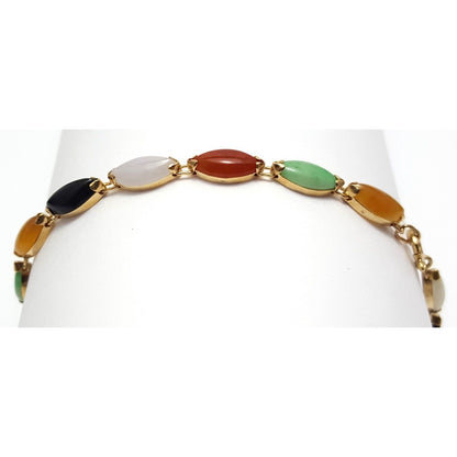 14K Solid Yellow Gold Multi Color Gemstone Link Bracelet