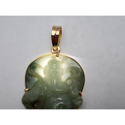 Large 14K Yellow Gold Green Jadeite Jade Guan Yu Guan Gong Carved Charm Pendant