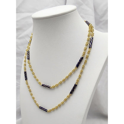 18K Yellow Gold Blue Enamel Link Chain Necklace