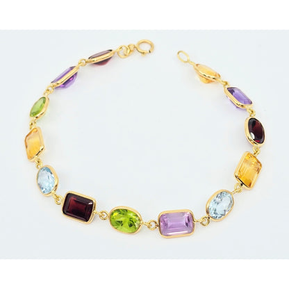 18K Yellow Gold Multi Colored Gemstone Link Bracelet