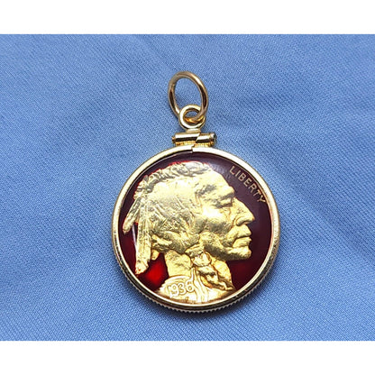 14K Yellow Gold 1936 Buffalo Nickel Enamel Charm Pendant