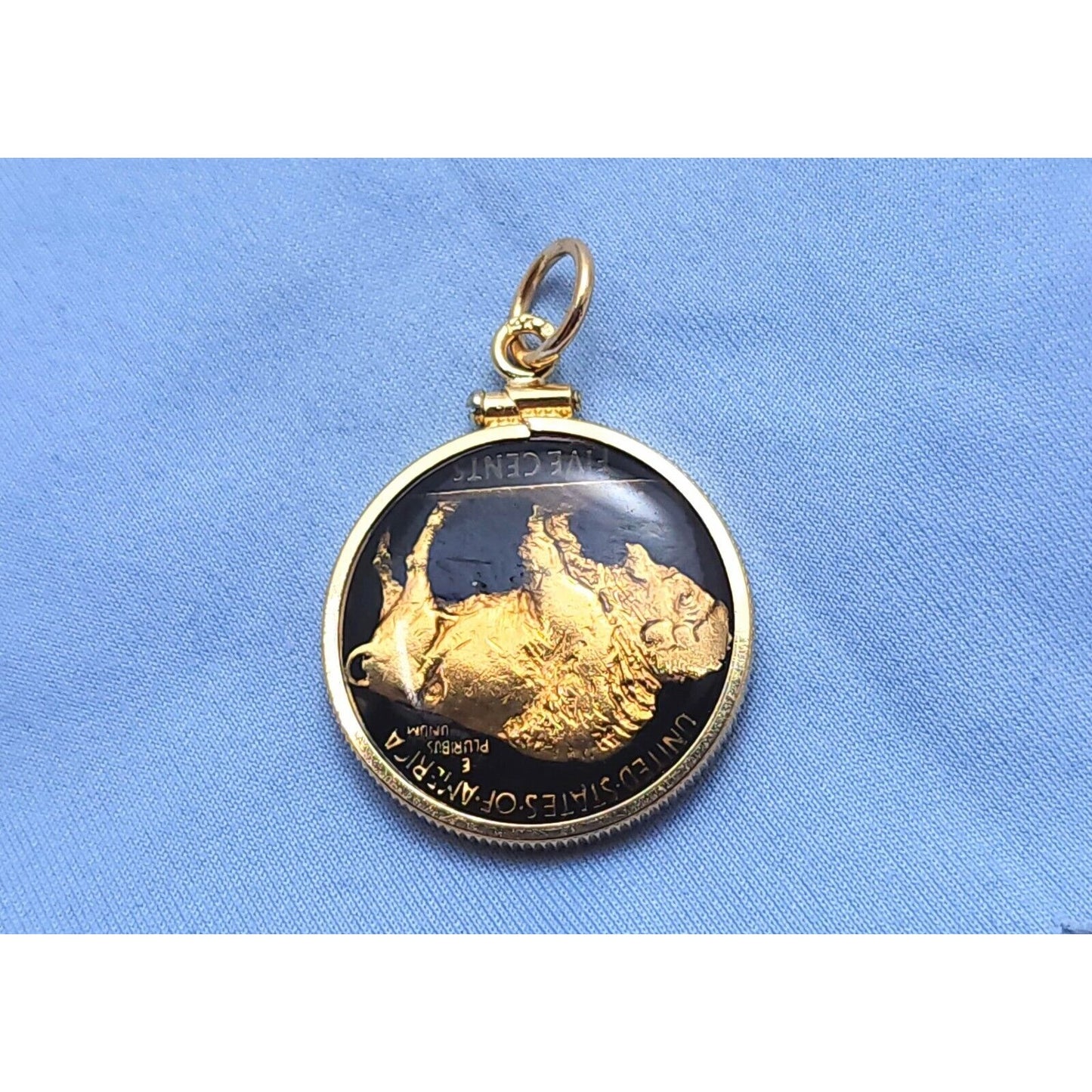 14K Yellow Gold 1936 Buffalo Nickel Enamel Charm Pendant