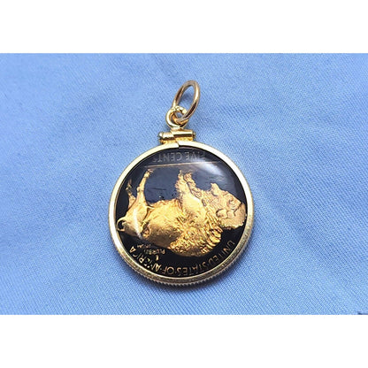 14K Yellow Gold 1936 Buffalo Nickel Enamel Charm Pendant