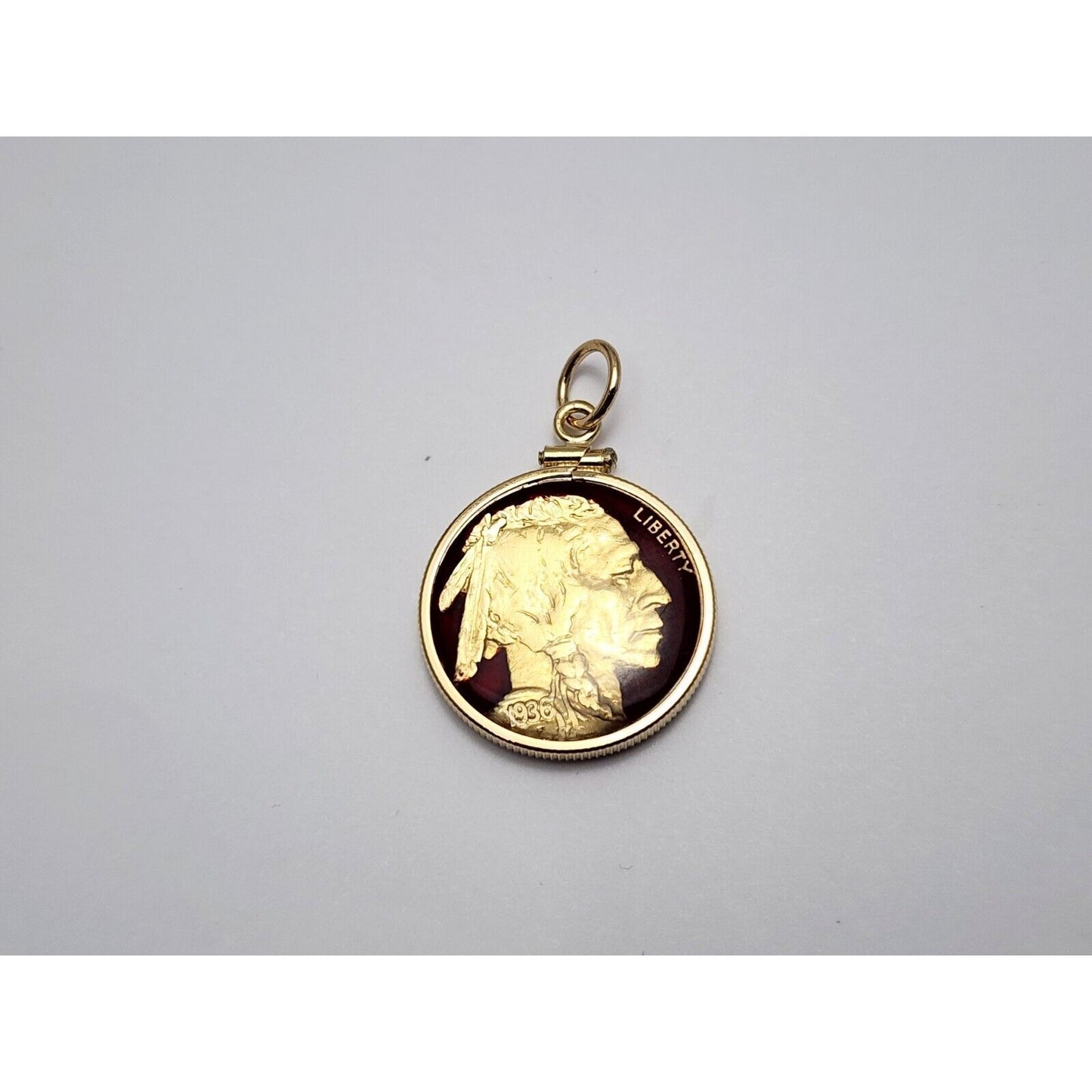 14K Yellow Gold 1936 Buffalo Nickel Enamel Charm Pendant