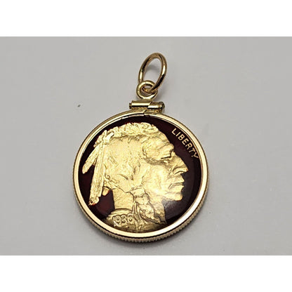 14K Yellow Gold 1936 Buffalo Nickel Enamel Charm Pendant