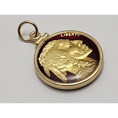 14K Yellow Gold 1936 Buffalo Nickel Enamel Charm Pendant