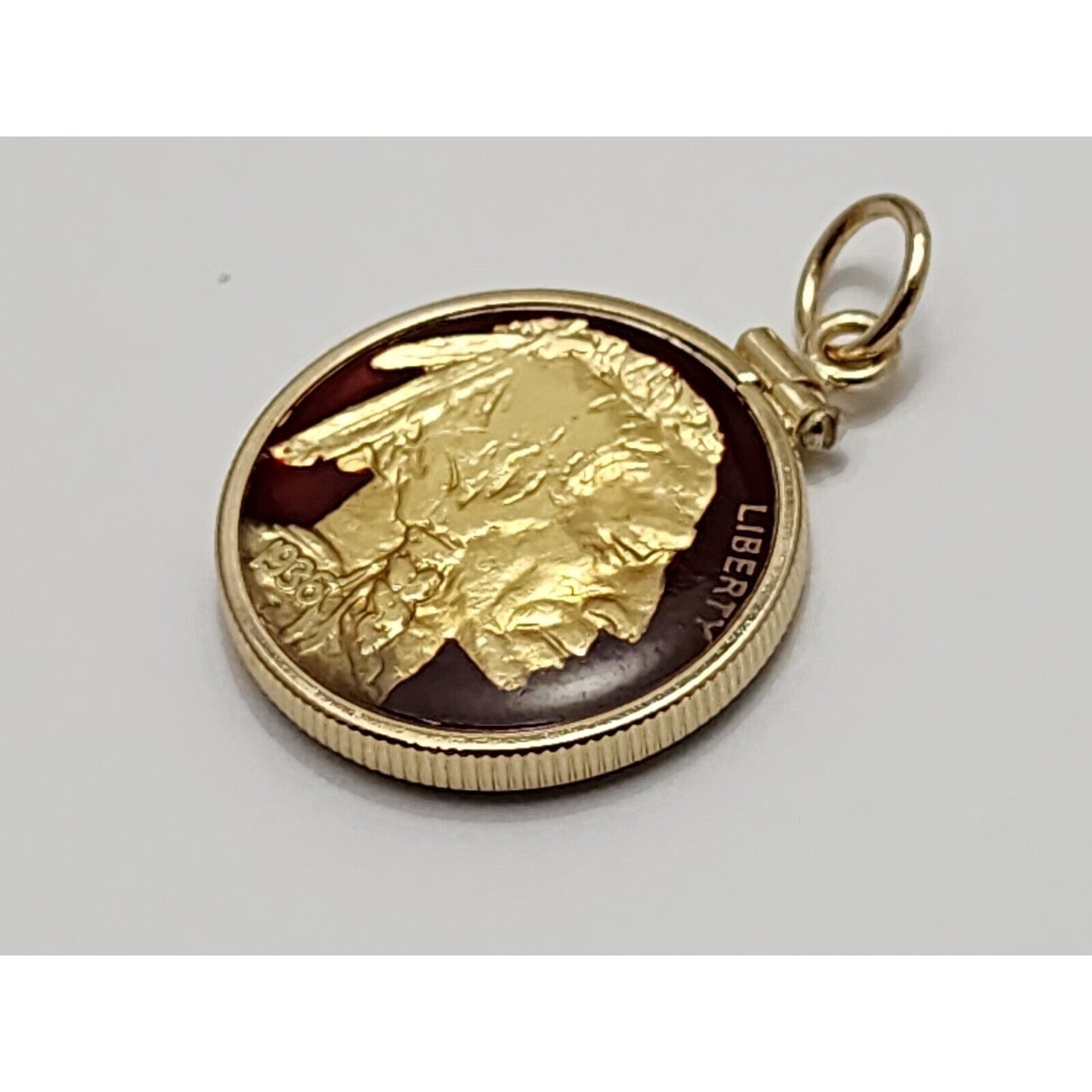 14K Yellow Gold 1936 Buffalo Nickel Enamel Charm Pendant