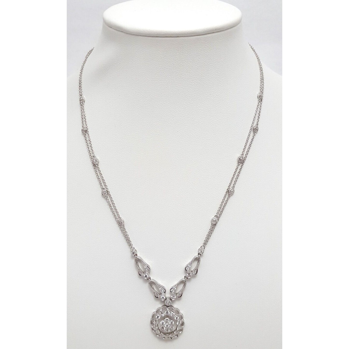 18K White Gold Round Diamond Cable Link Chain Necklace