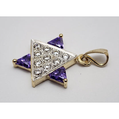 14K Two Tone Gold Star of David CZ & Amethyst Charm Pendant