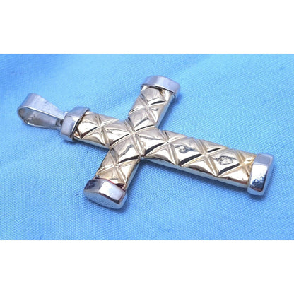 14K Solid Two Tone  Gold Puffy Cross Charm Pendant