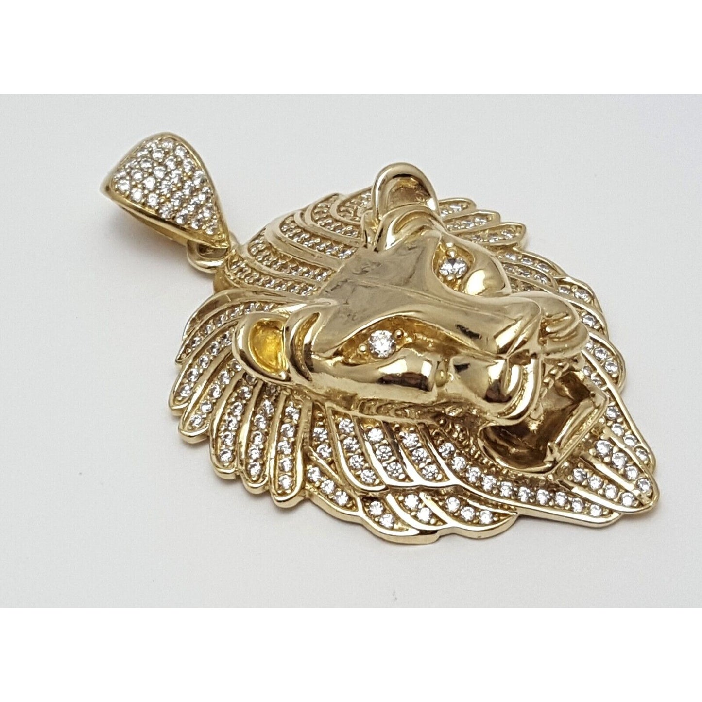 10K Solid Yellow Gold 3D Cubic Zirconia Lion Head Charm Pendant