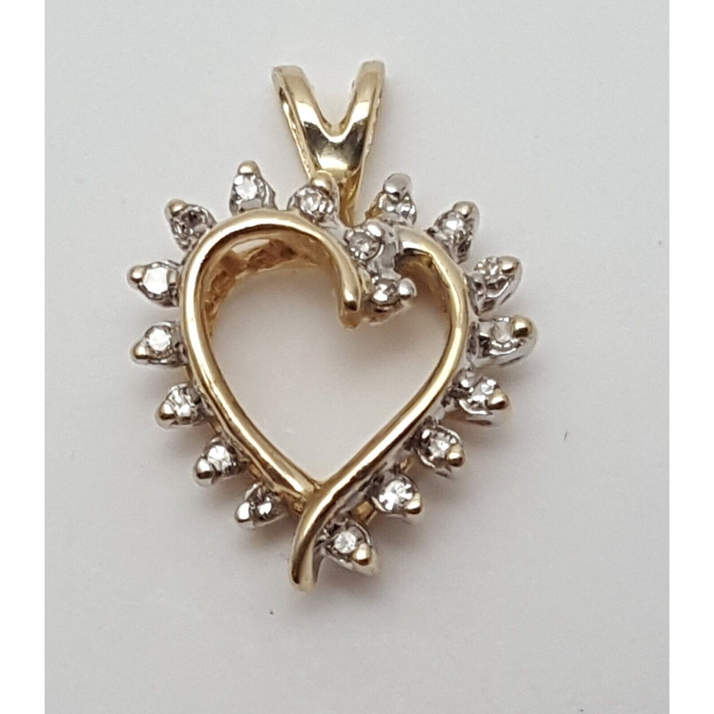 14K Solid Yellow Gold Diamond Open Heart Charm Pendant