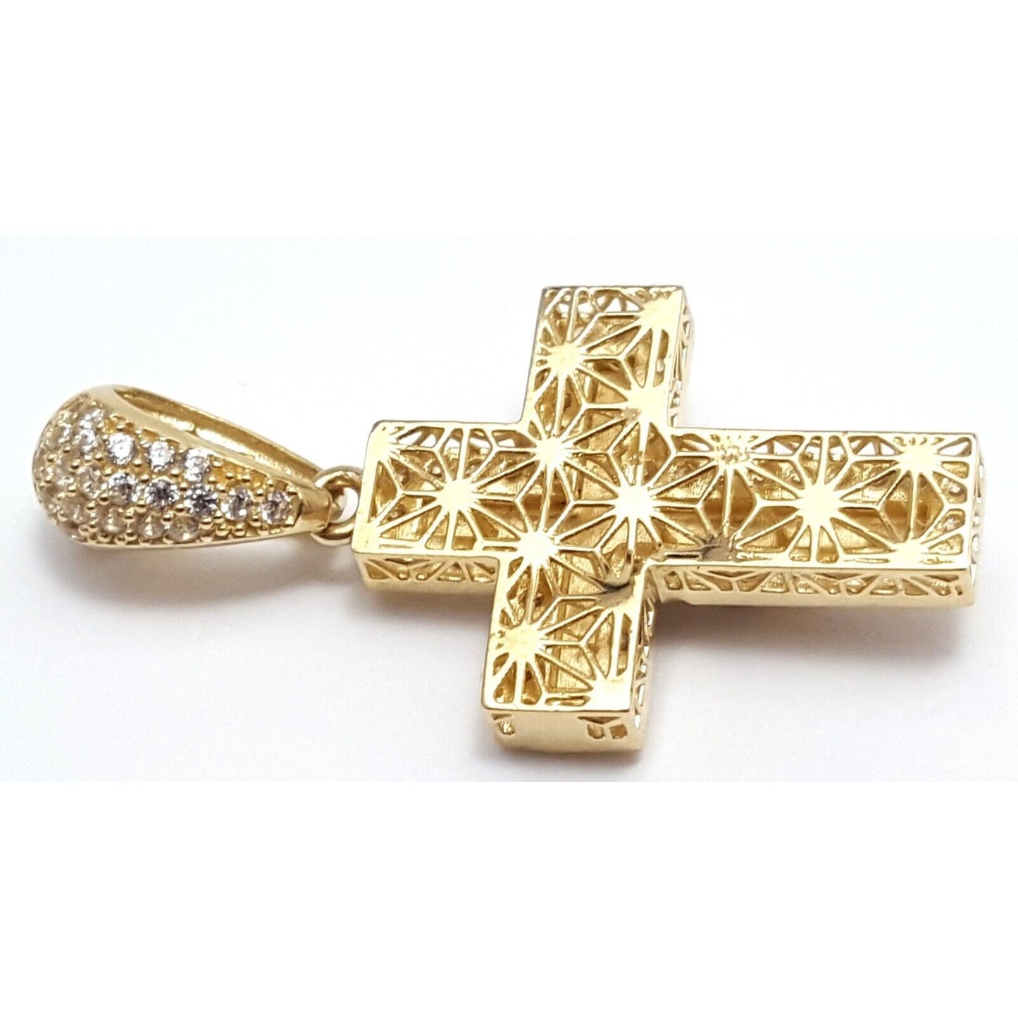 14K Two Tone Gold Religious Jesus Cubic Zirconia Cross Charm Pendant