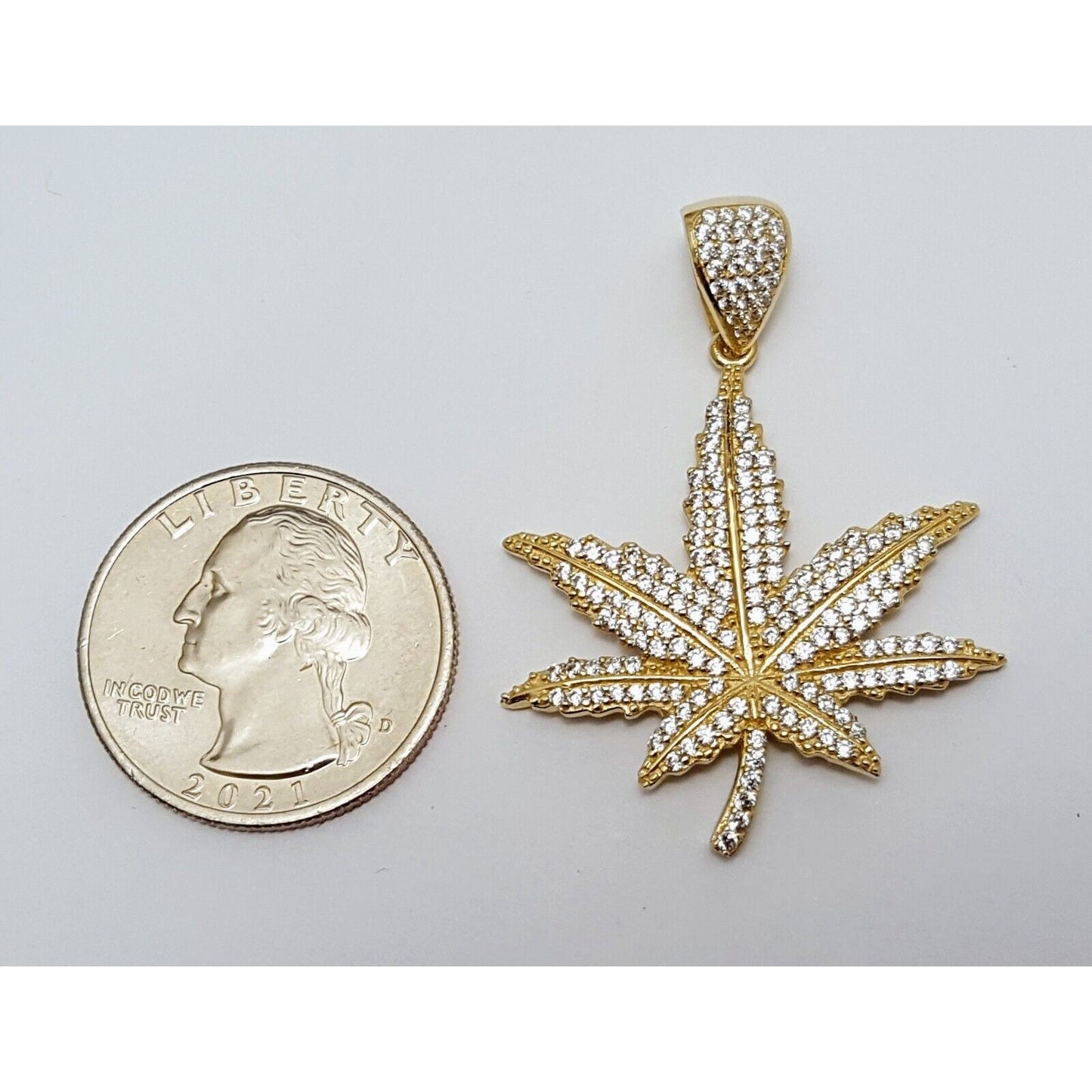 10K Solid Yellow Gold Cubic Zirconia Marijuana Leaf Weed Charm Pendant