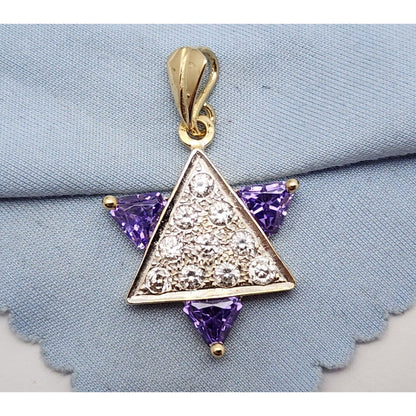 14K Two Tone Gold Star of David CZ & Amethyst Charm Pendant