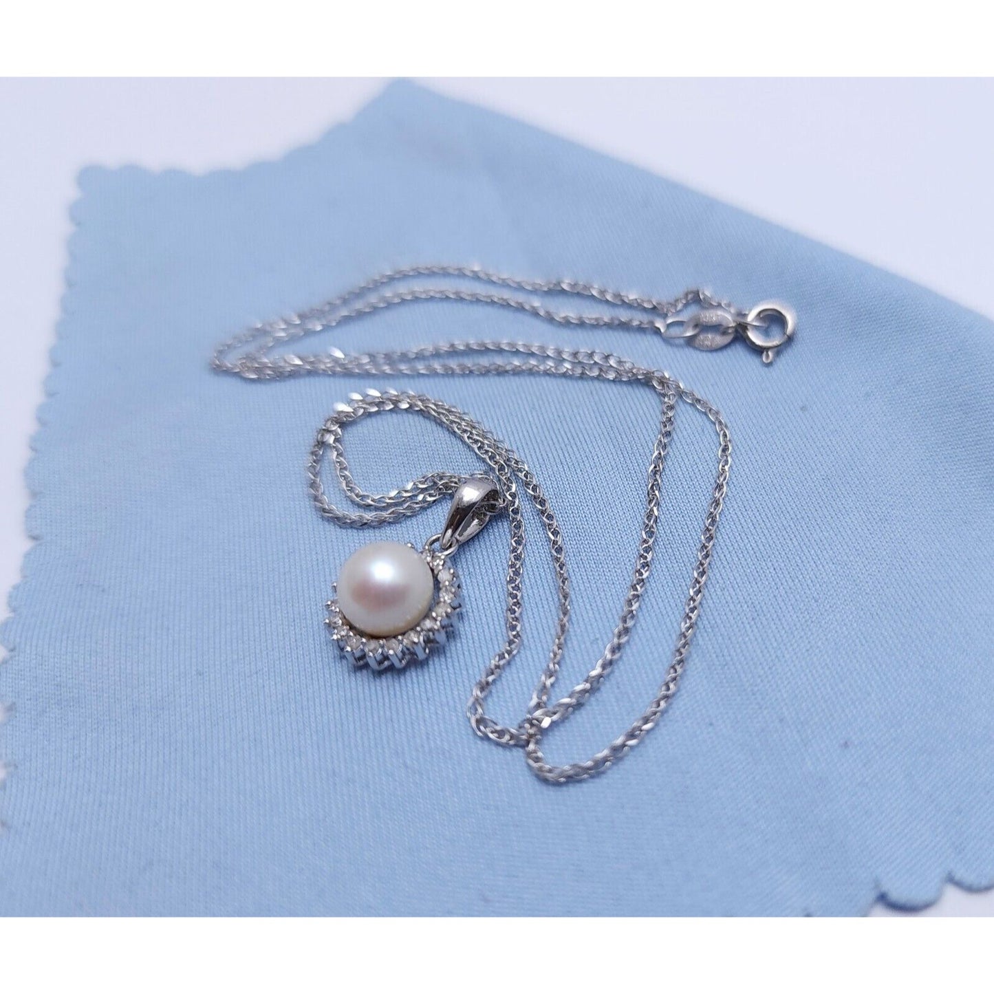 14K White Gold Pearl & Diamond Charm Pendant Link Chain Necklace