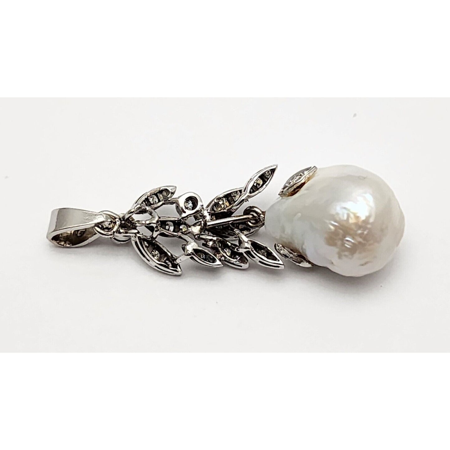 18K Solid White Gold Pearl & Diamond Drop Dangle Charm Pendant