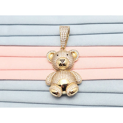 10K Yellow Gold 3D Puffy Teddy Bear CZ & Onyx Charm Pendant