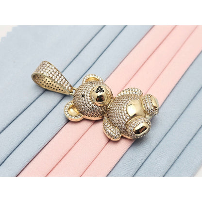 10K Yellow Gold 3D Puffy Teddy Bear CZ & Onyx Charm Pendant