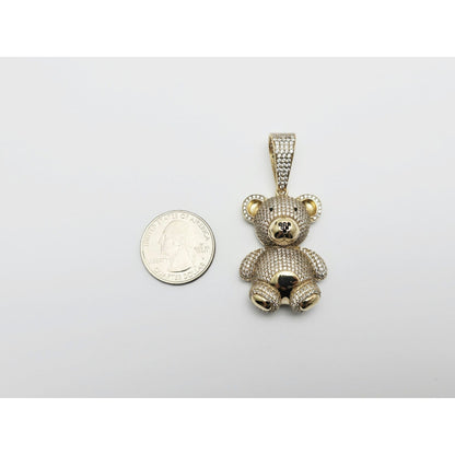 10K Yellow Gold 3D Puffy Teddy Bear CZ & Onyx Charm Pendant