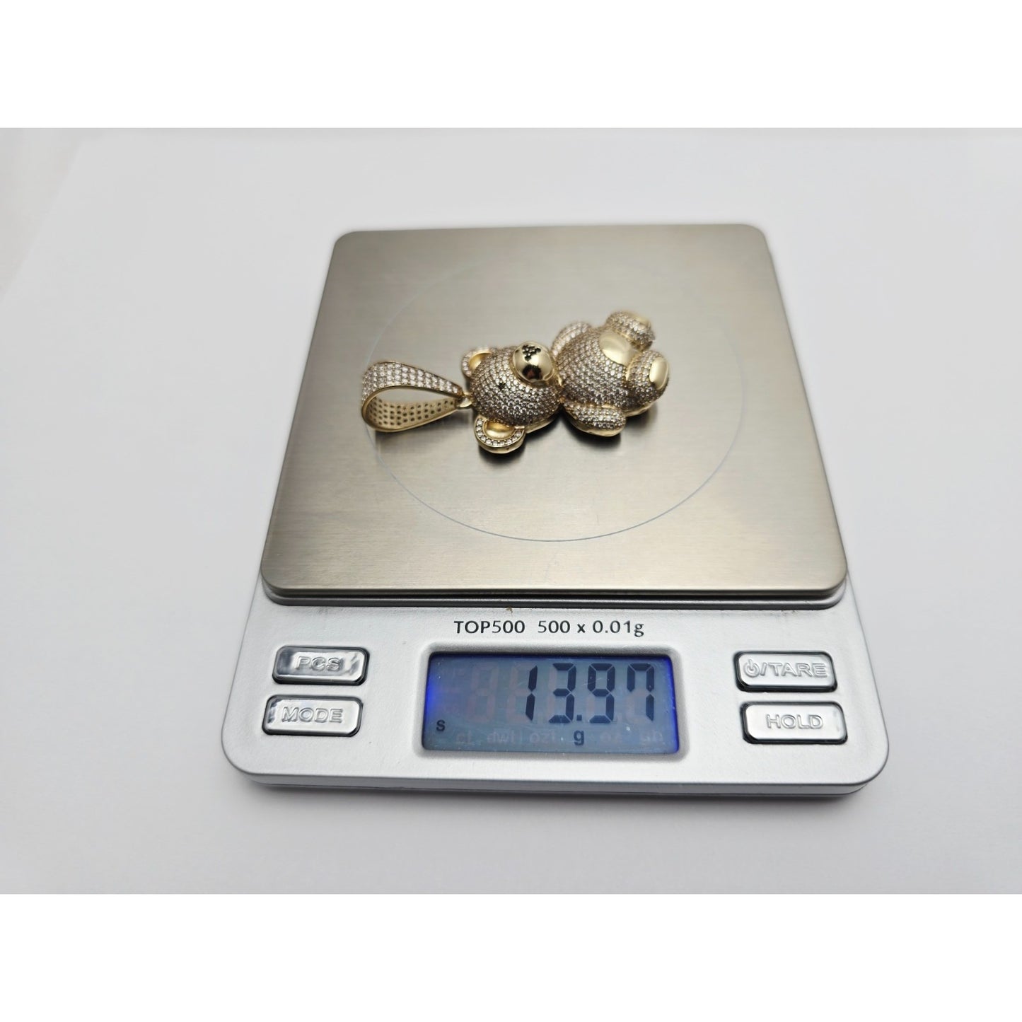 10K Yellow Gold 3D Puffy Teddy Bear CZ & Onyx Charm Pendant