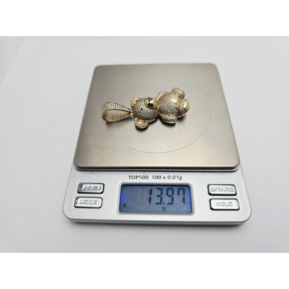 10K Yellow Gold 3D Puffy Teddy Bear CZ & Onyx Charm Pendant