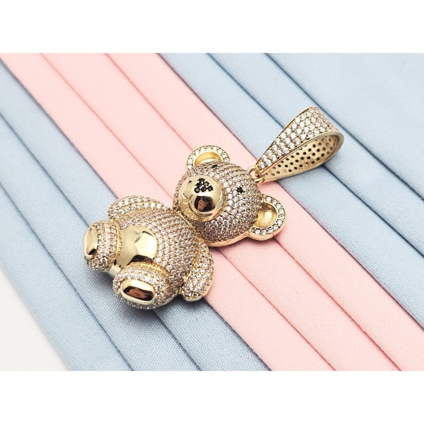 10K Yellow Gold 3D Puffy Teddy Bear CZ & Onyx Charm Pendant