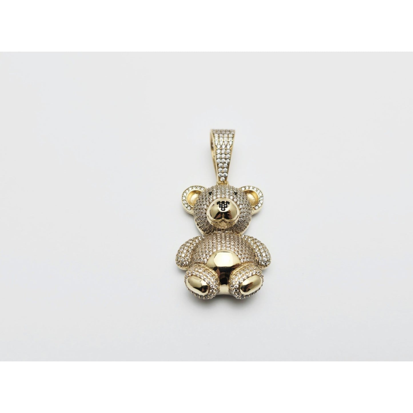 10K Yellow Gold 3D Puffy Teddy Bear CZ & Onyx Charm Pendant