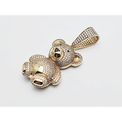10K Yellow Gold 3D Puffy Teddy Bear CZ & Onyx Charm Pendant