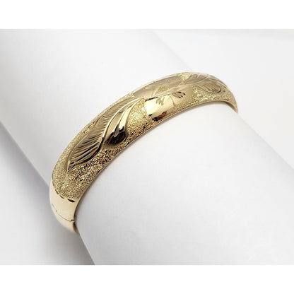 14K Yellow Gold Textured Floral Diamond Dust Bangle Bracelet