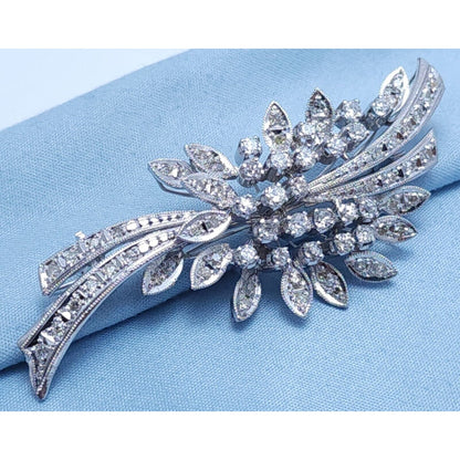 Vintage 10K White Gold Flowers Leaf Old Cut Diamond Brooch Pin