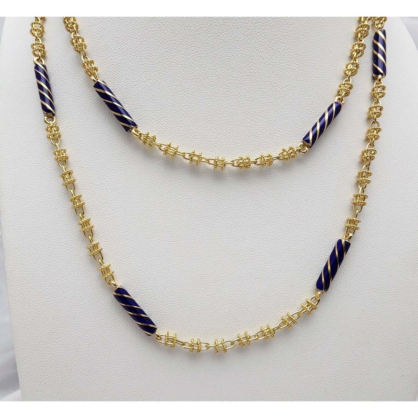 18K Yellow Gold Blue Enamel Link Chain Necklace