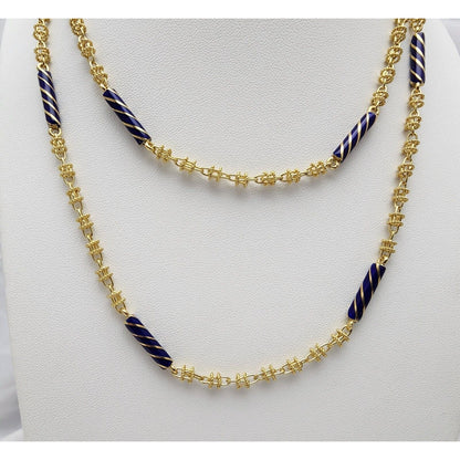 18K Yellow Gold Blue Enamel Link Chain Necklace