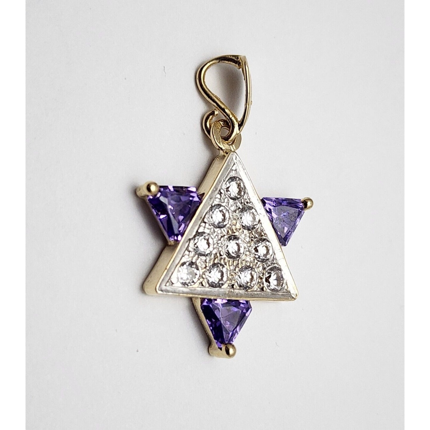 14K Two Tone Gold Star of David CZ & Amethyst Charm Pendant