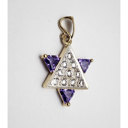 14K Two Tone Gold Star of David CZ & Amethyst Charm Pendant