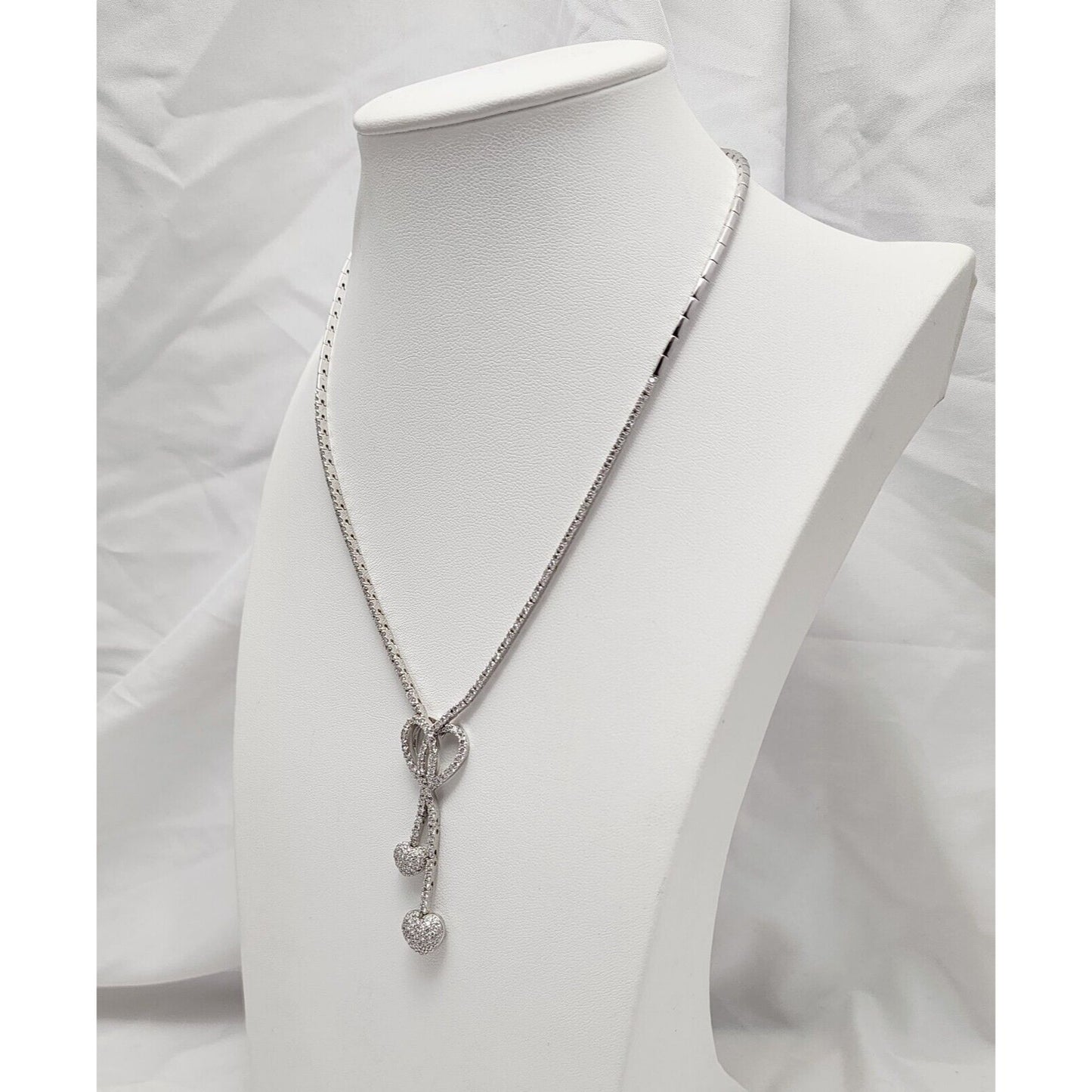 14K White Gold Diamond Double Heart Dangle Link Chain Necklace