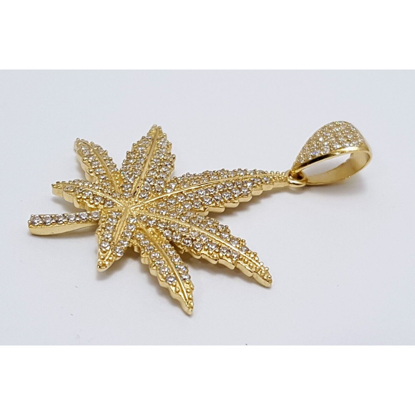 10K Solid Yellow Gold Cubic Zirconia Marijuana Leaf Weed Charm Pendant