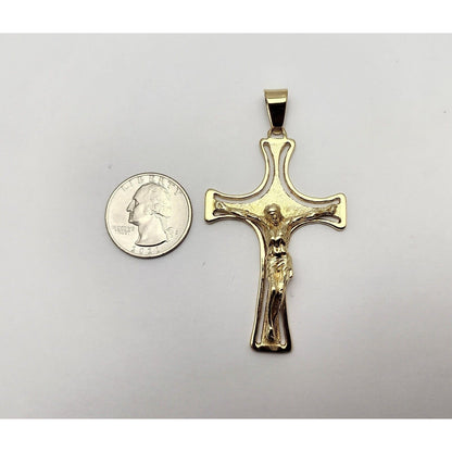 14K Solid Yellow Gold Designer Religious Jesus on Cross Charm Pendant