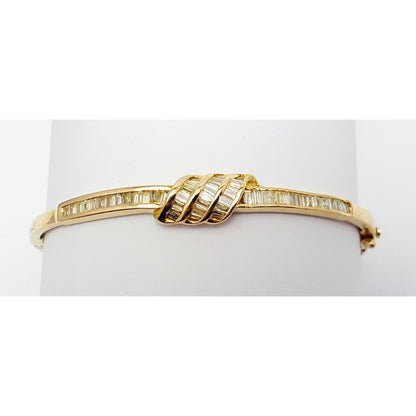 14K Solid Yellow Gold Spiral Baguette Diamond Bangle Bracelet