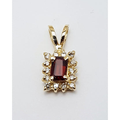 14K Solid Yellow Gold Square Garnet & Diamond Charm Pendant