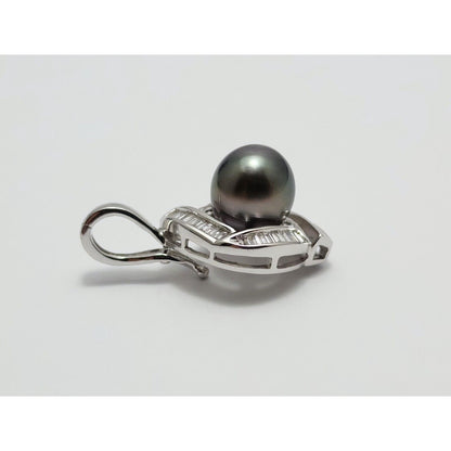 14K Solid White Gold Drop Dangle Tahitian Pearl & Diamond Charm Pendant