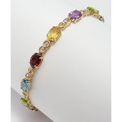 10K Solid Multi Tone Gold Multi Colored Gemstone Tennis Link Bracelet