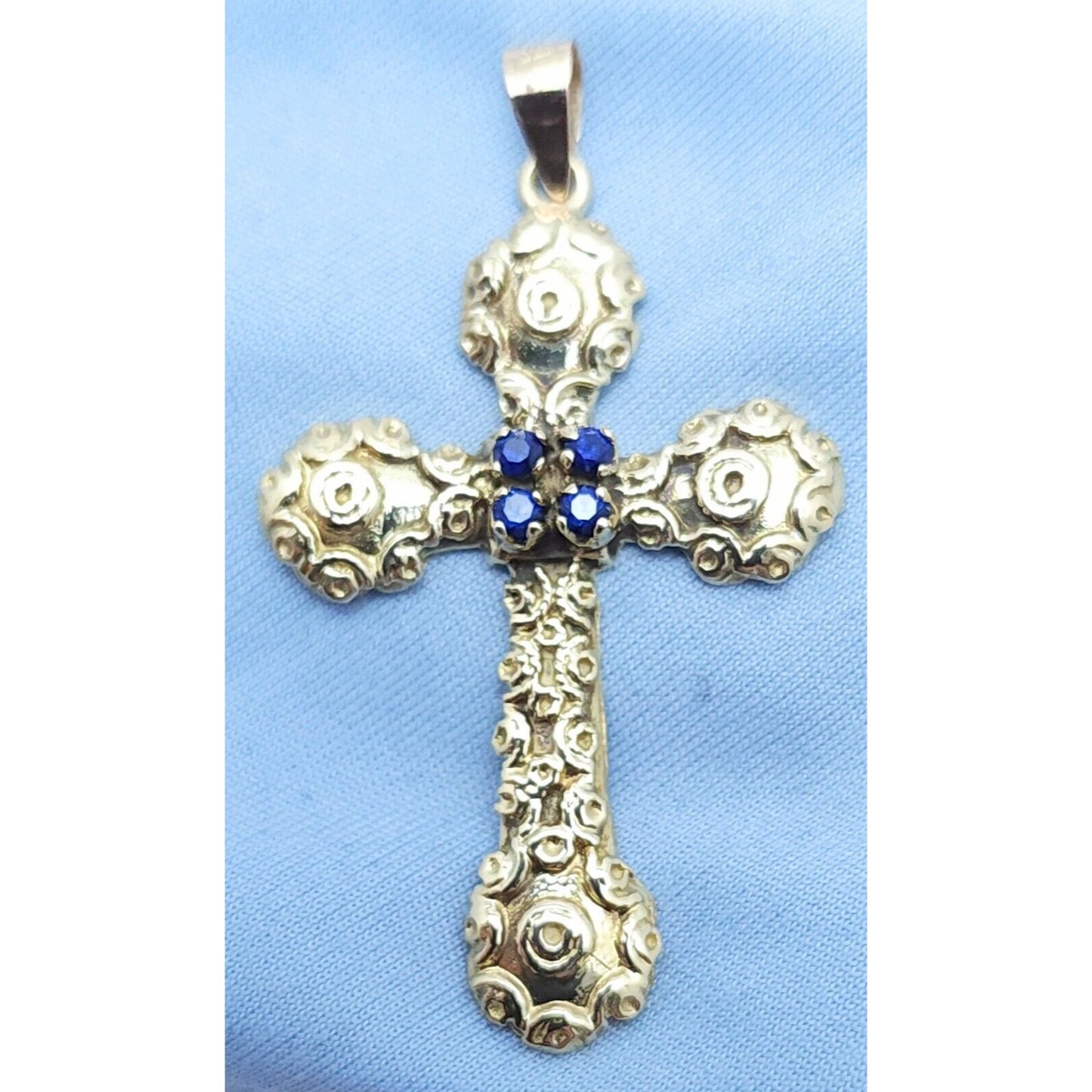 18K Solid Yellow Gold Religious Sapphire Cross Charm Pendant