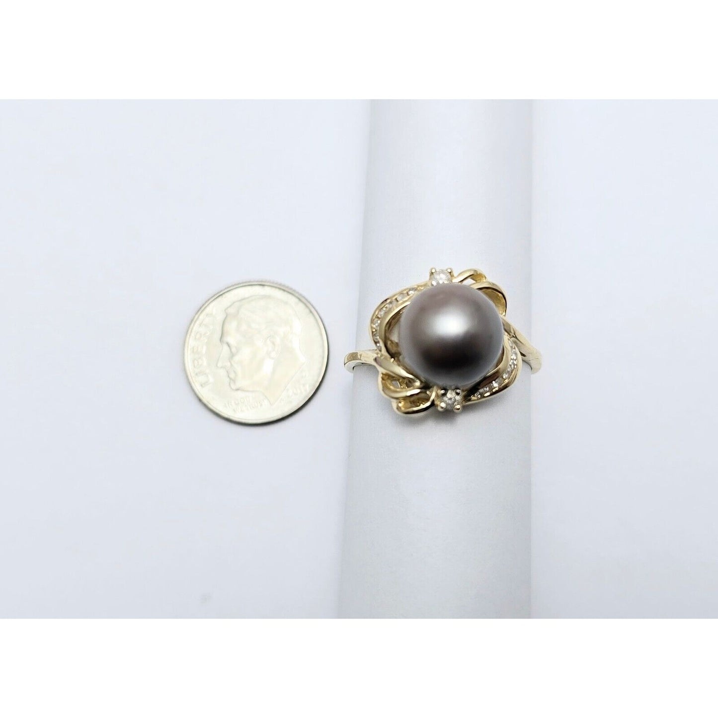 14K Yellow Gold Tahitian Pearl & Diamond Ring