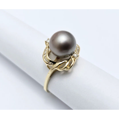 14K Yellow Gold Tahitian Pearl & Diamond Ring