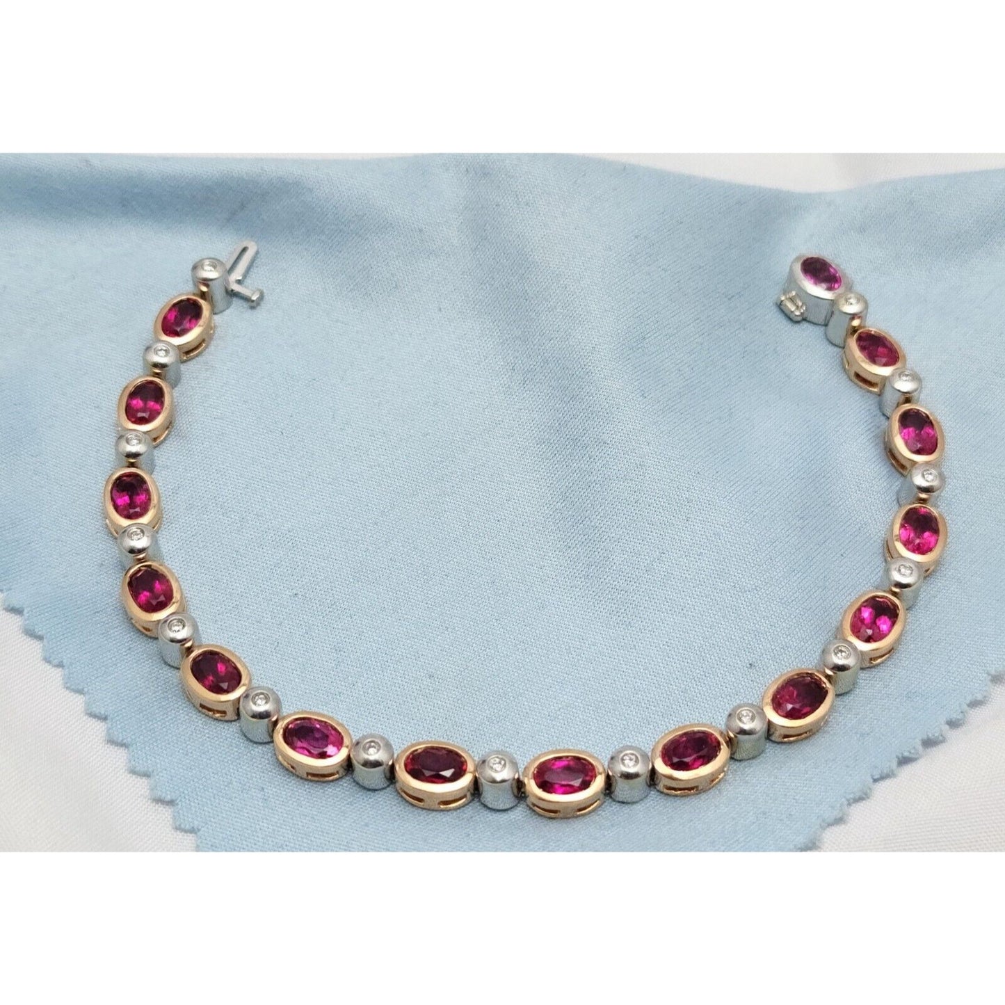 14K Solid Multi Tone Gold Ruby & Diamond Tennis Link Bracelet